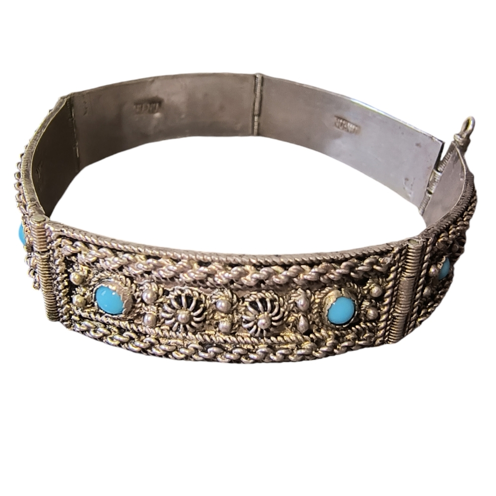 Vintage Turkish Nu-Nu Turquoise and 900 Silver Panel Bracelet 7 Inches